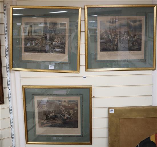 Harris after Alken, a set of three coloured aquatints, The First Steeplechase on Record, plates 1, 2 and 4, overall 37 x 41cm